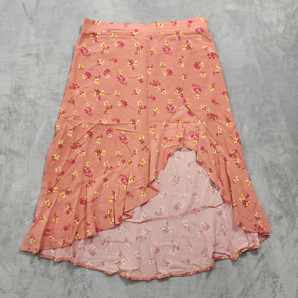 Hippie Rose Skirt Womens XL Juniors Pink Floral Ruffle Midi Elastic Waist Boho